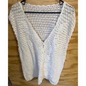 Women's Grandma Vest XL Crochet Button Front Floral Accents Rosette